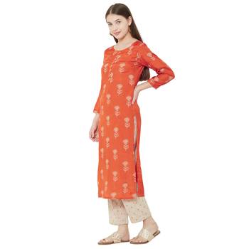 Os by Fourbuttons Womens Viscose Silk Orange Kurta Set 3