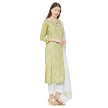 Os by Fourbuttons Womens Viscose Green Kurta Set 3