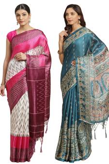 Multicolor printed art silk saree with blouse