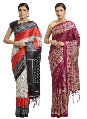Multicolor printed art silk saree with blouse 1