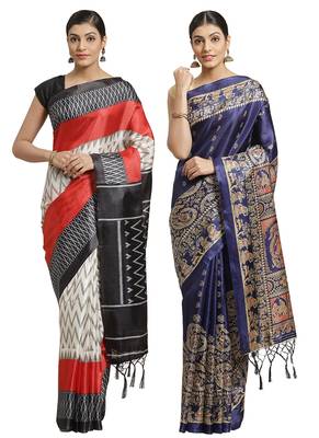Multicolor printed art silk saree with blouse 1
