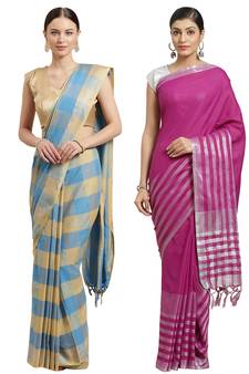 Multicolor woven blended cotton saree with blouse