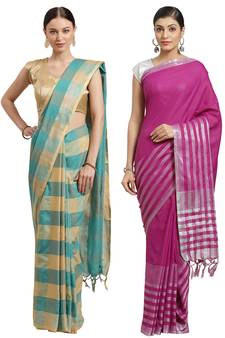 Multicolor woven blended cotton saree with blouse