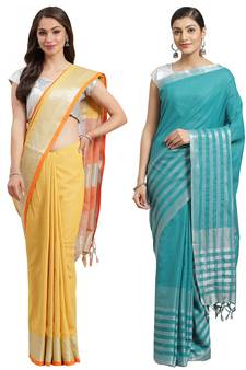 Multicolor woven blended cotton saree with blouse
