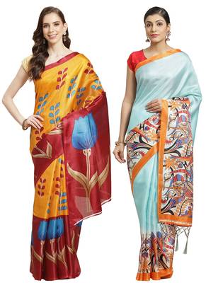 Multicolor printed art silk saree with blouse 1