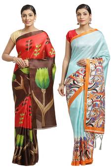 Multicolor printed art silk saree with blouse