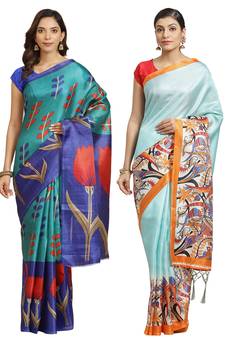 Multicolor printed art silk saree with blouse