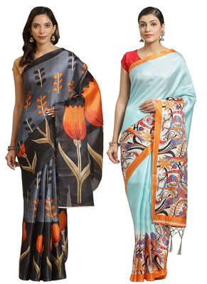 Multicolor printed art silk saree with blouse 1
