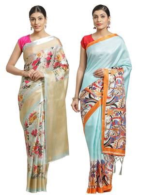 Multicolor printed art silk saree with blouse 1