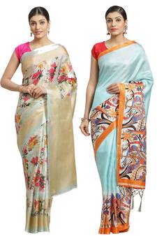 Multicolor printed art silk saree with blouse