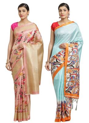 Multicolor printed art silk saree with blouse 1
