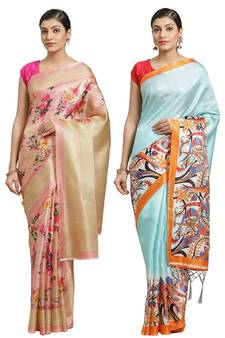 Multicolor printed art silk saree with blouse