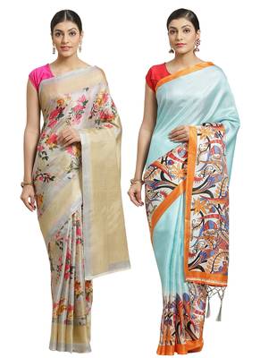 Multicolor printed art silk saree with blouse 1