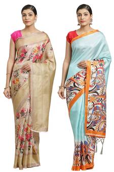 Multicolor printed art silk saree with blouse
