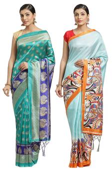 Multicolor printed art silk saree with blouse