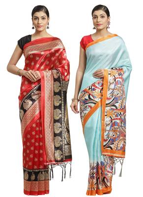 Multicolor printed art silk saree with blouse 1