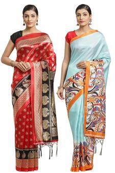 Multicolor printed art silk saree with blouse