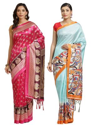 Multicolor printed art silk saree with blouse 1