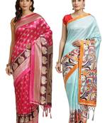 Multicolor printed art silk saree with blouse