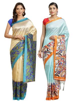 Multicolor printed art silk saree with blouse 1