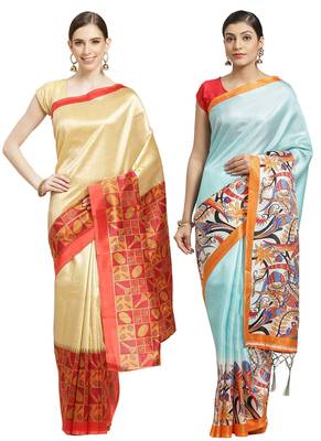 Multicolor printed art silk saree with blouse 1