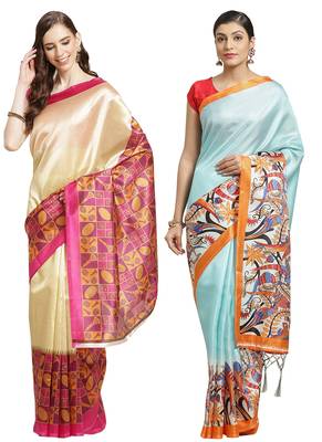 Multicolor printed art silk saree with blouse 1