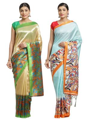 Multicolor printed art silk saree with blouse 1
