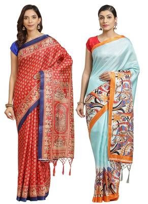 Multicolor printed art silk saree with blouse 1