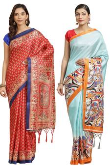 Multicolor printed art silk saree with blouse