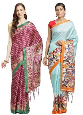 Multicolor printed art silk saree with blouse 1