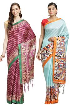 Multicolor printed art silk saree with blouse