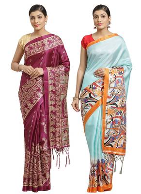 Multicolor printed art silk saree with blouse 1