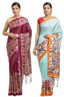 Multicolor printed art silk saree with blouse