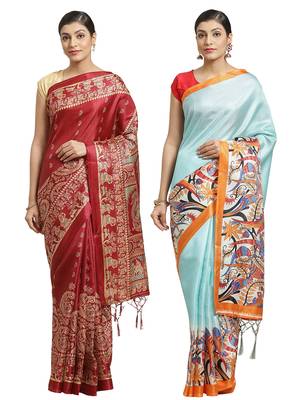 Multicolor printed art silk saree with blouse 1
