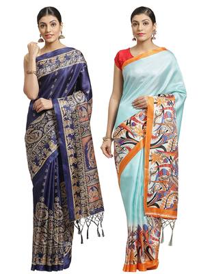 Multicolor printed art silk saree with blouse 1