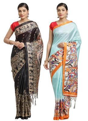 Multicolor printed art silk saree with blouse 1