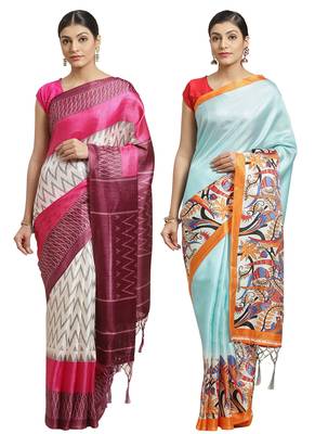 Multicolor printed art silk saree with blouse 1