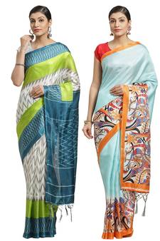 Multicolor printed art silk saree with blouse