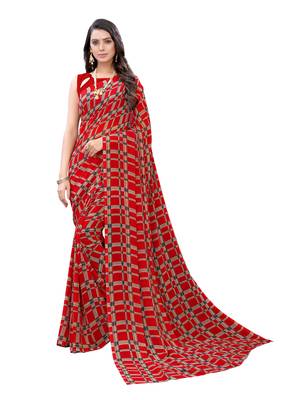 Red printed georgette saree with blouse 1