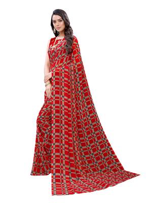 Red printed georgette saree with blouse 2