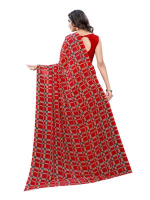 Red printed georgette saree with blouse 3