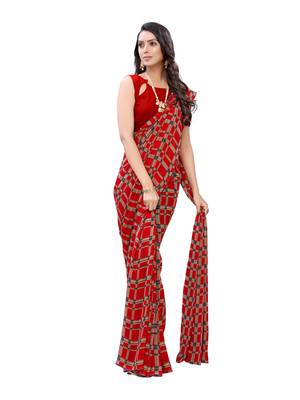 Red printed georgette saree with blouse 4