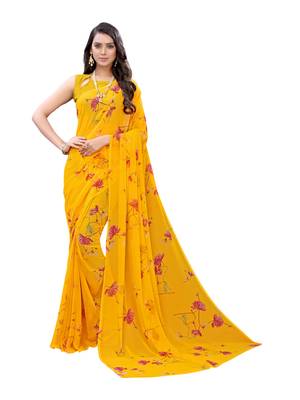 Yellow printed georgette saree with blouse 1