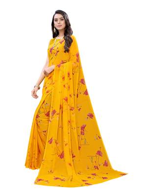 Yellow printed georgette saree with blouse 2
