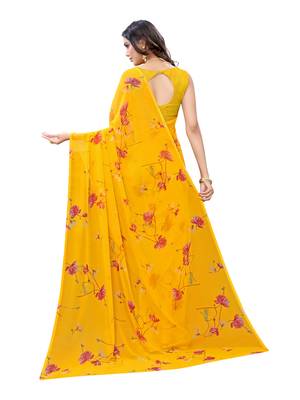 Yellow printed georgette saree with blouse 3