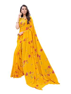 Yellow printed georgette saree with blouse 4