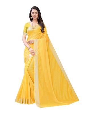 Yellow woven cotton saree with blouse 1