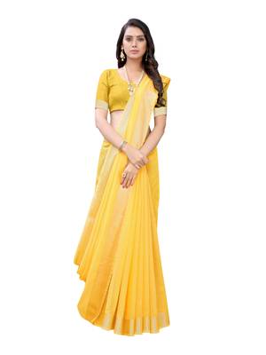 Yellow woven cotton saree with blouse 4