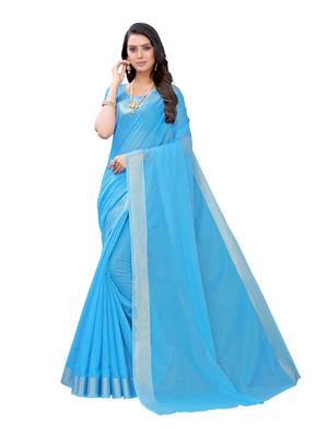 Blue woven cotton saree with blouse 1