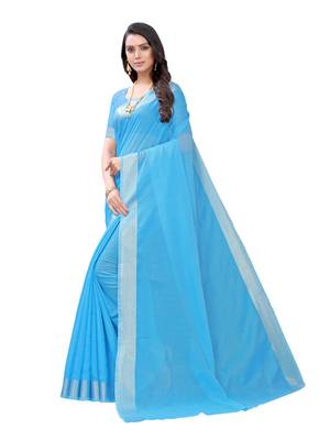 Blue woven cotton saree with blouse 2